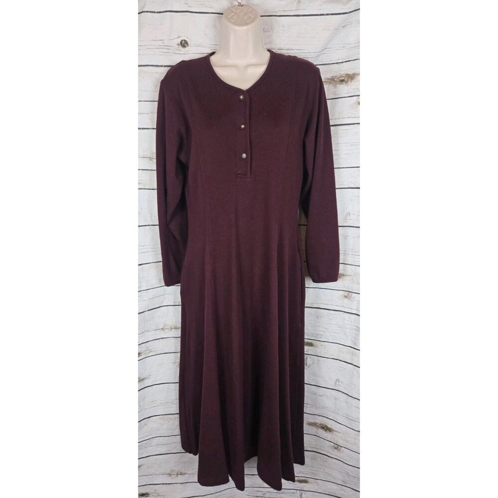Vintage Eddie Bauer Maroon Knit Shirt Dress PM Womens Midi 100% Cotton